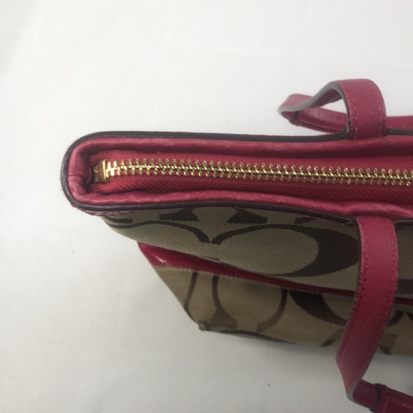 Coach Khaki Signature Stripe Patent Shoulder Tote Red Bag Handbag 12429 - Picture 11 of 16